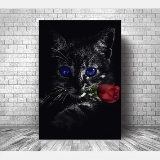 Cat With Red Flower Canvas Print I Cute Cat Wall Art Canvas I Inspirational Cat Poster