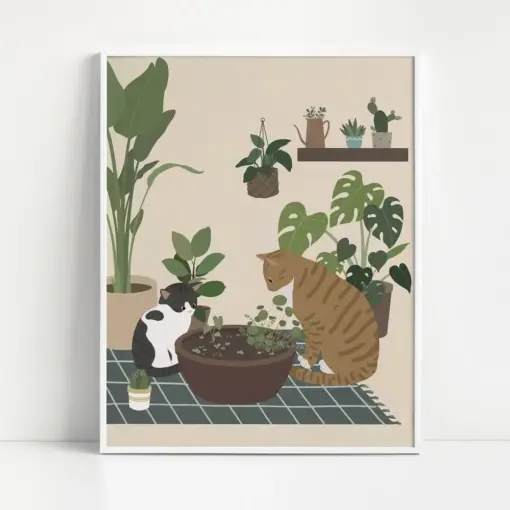Cats Looking At Goldfish Wall Art Print | Cats And Plants Illustration | Cute Cat Wall Art | Cat Lover Gift
