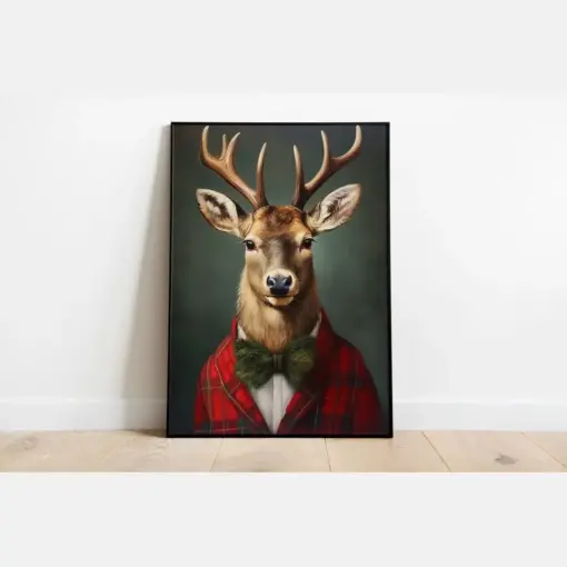 Christmas Print Reindeer Portrait Oil Painting Christmas Wall Art Xmas Home Decor Christmas Decorations Animal Head Human Body Poster
