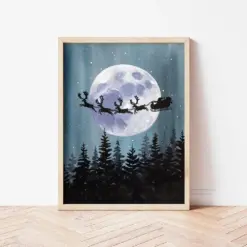 Christmas Santa Claus Sleigh Reindeer Moon Watercolor Painting Print Holiday Decor Winter Wall Art Vintage Style Christmas Decoration