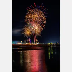 Coastal Fireworks I Gulf Coast Pier Long Beach Canvas Seaside Wall Art Beach Spectacular Fireworks Scene Canvas