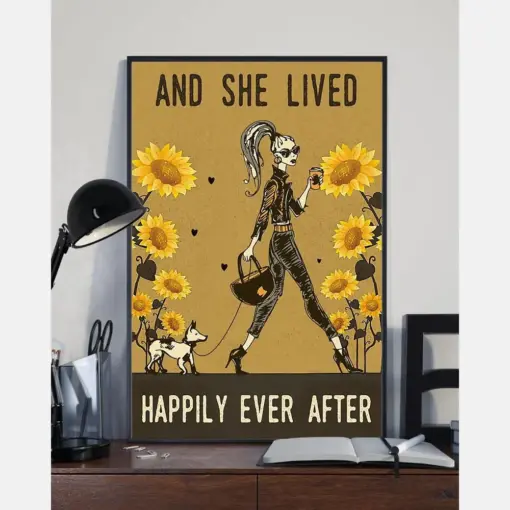Coffee Dog Sunflower Girl Poster And She Lived Happily Ever After Vintage Room Home Decor Wall Art Gifts Idea