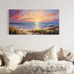 Colorful Beach At Sunset With Seagulls Painting Canvas Print - Coastal Pink Blue Wall Art Framed Framed Ready To Hang