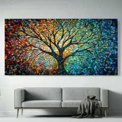 Colorful Mosaic Painting Tree Of Life Artwork Stained Glass Canvas Print Norse Mythology Art Mythology Gift Celtic Artwork