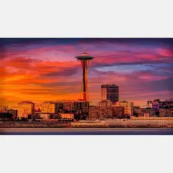 Colorful Seattle Skyline Abstract Photography Space Needle Iconic Sunset Wall Canvas Urban Cityscape Wall Decor Golden Hour