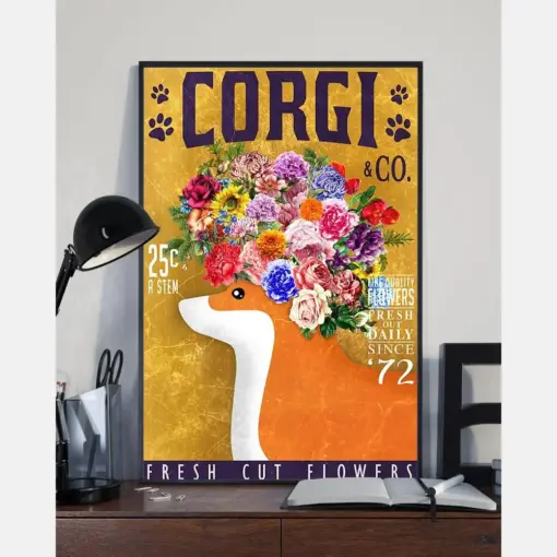 Corgi Flowers Poster Dog Loves Vintage Room Home Decor Wall Art Gifts Idea