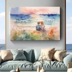 Couple On Beach Canvas Wall Art Seaside Serenity | Romantic Couple Painting On Canvas Wall Decor | Watercolor Beach Couple Art Canvas