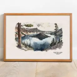 Crater Lake National Park Poster Oregon Wall Art Watercolor Painting Crater Lake Art Print Oregon Poster Woodland Nursery