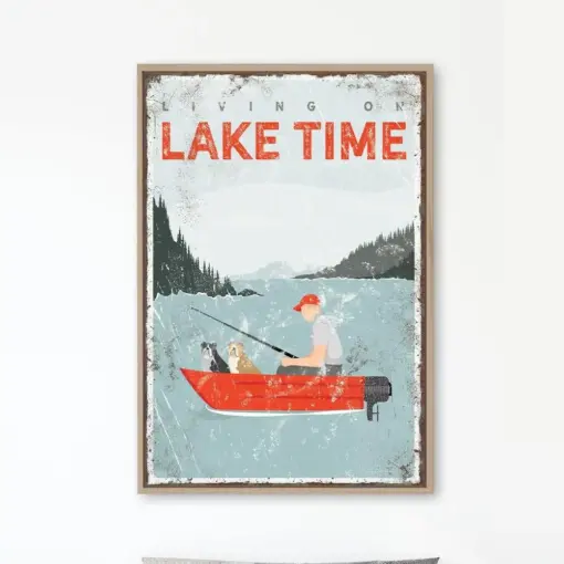 Custom Fishing Gift Sign I Boating With Two Dogs I Gift For Dog Dad I English Bulldog Gift Art I Vintage Red Lake House Decor Gift