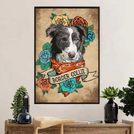 Cute Border Collie Dog Canvas Wall Art Prints | Collie Flower | Gift For Merle Collie Lover
