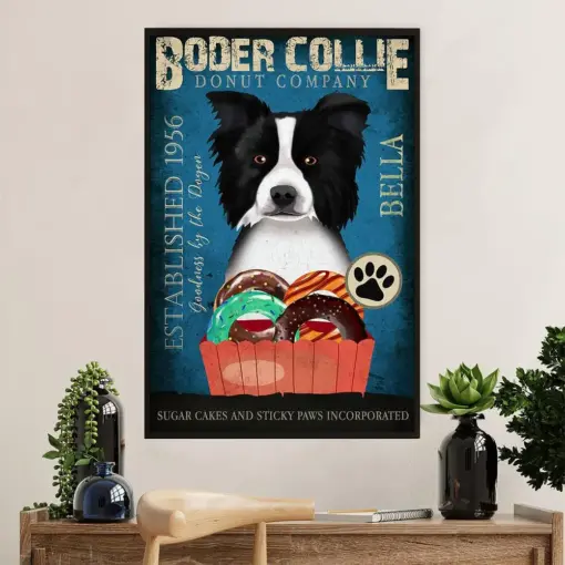 Cute Border Collie Dog Poster Prints | Vintage Donut Company | Wall Art Gift For Puppies Merle Collie Lover