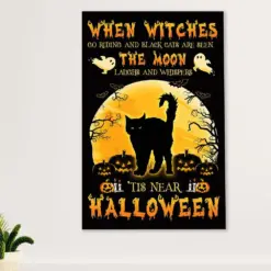 Cute Cat Canvas Prints | Black Cat Haloween Witches | Wall Art Gift For Cat Kitties Lover