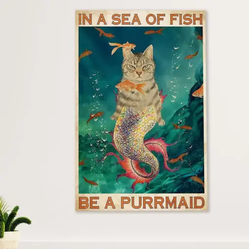 Cute Cat Canvas Prints | Funny Cat Mermaid - Purrmaid | Wall Art Gift For Cat Kitties Lover