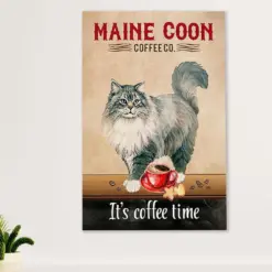 Cute Cat Canvas Prints | Funny Maine Coon Cat Coffee | Wall Art Gift For Cat Kitties Lover