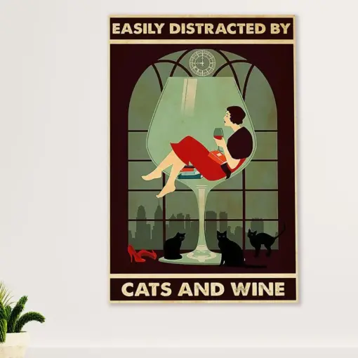 Cute Cat Canvas Prints | Lady Distracted By Cats & Wine | Wall Art Gift For Cat Kitties Lover
