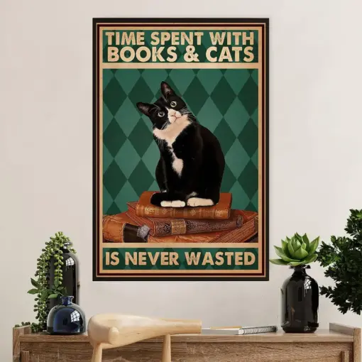 Cute Cat Poster Prints | Loves Books & Cats | Wall Art Gift For Cat Kitties Lover