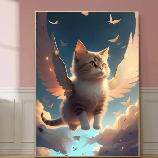 Cute Fluffy Angel Cat Poster Cat Angel Wall Art , Gift For Christians And Cat Lovers Guardian Angel Decor , Spiritual Posters