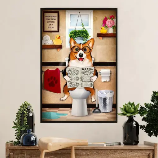 Cute Pembroke Welsh Corgi Poster Print | Dog In Toilet | Wall Art Gift For Corgi Lover