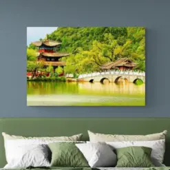 Dark Green Canvas Wall Art Print For Green China Pavilion Print On Canvas Yuan China Mountain Lake Wall Decor