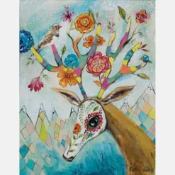 Deer Flowers Butterfly Bird Rainbow Antlers Snowy Mountains - Day Of The Dead - Sugar Skull - Dia De Los Rocky Mountain Love