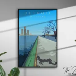 Detroit Vintage Travel Poster Cityscape Retro Travel Print Michigan Rustic Wall Art Aesthetic Home Decor Modern Vibrant Graphic Artwork