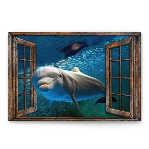 Dolphin Poster & Canvas, Funny Dolphin In The Window Wall Art, Home Decor For Dolphin Lover