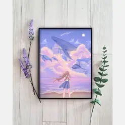 Dreamy Migration Art Print | Hawaii Pastel Anime Art Scene | Cute Manga Style Girl Aesthetic | Ocean Beach Anime Wall Decor Poster