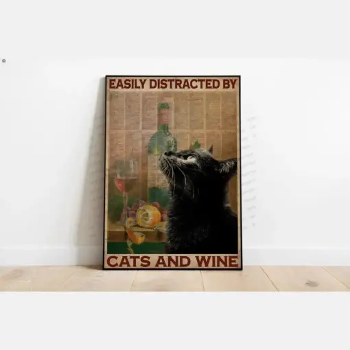 Easily Distracted By Cats And Wine Poster Black Cat Art Cat Poster Cat Lover Gift Cat Wall Art Cat Decor Black Cat Sign