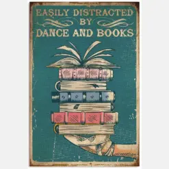 Easily Distracted By Danced And Pile Of Book Motivation Hobby Quote Green Vintage