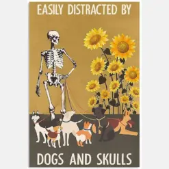 Easily Distracted By Dogs And Skull Spooky Skeleton Sunflower Vintage