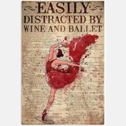 Easily Distracted By Wine And Ballet Imspiring Quote Dancing Girl Woman In Red Dress Vintage