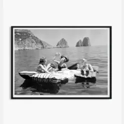 Eating Spaghetti On The Water Vintage Poster Print Capri Italy Girls Italian Pasta Air Floats Ocean Women Wall Art Home House Decor