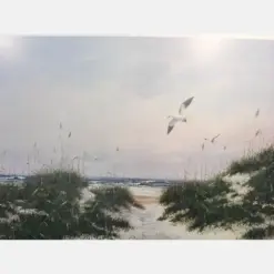 Emerald Isle Beach Scene - Sea Gulls - Sea Oats - Phil Shiver - Footprints In Sand - 16.5 I 20 Print - Calm Day At Beach - Soaring Seagulls