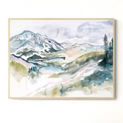 Expressive Mountains Landscape Watercolor Painting . Glee Print On Paper Or Canvas . Ready To Hang Framed Option