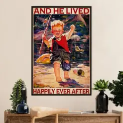 Fishing Poster Room Wall Art Prints | He Lived Happily | Vintage Gift For Fisherman