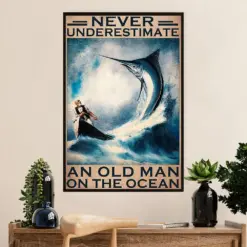 Fishing Poster Room Wall Art Prints | Never Underestimate An Old Man | Vintage Gift For Fisherman