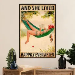 Fishing Poster Room Wall Art Prints | She Lived Happily | Vintage Gift For Fisherman