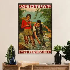 Fishing Poster Room Wall Art Prints | They Lived Happily | Vintage Gift For Fisherman