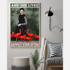 Flamingo Loves Poster And She Lived Happily Ever After Vintage Room Home Decor Wall Art Gifts Idea