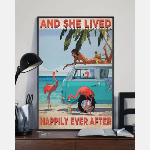 Flamingo Poster And She Lived Happily Ever After Vintage Room Home Decor Wall Art Gifts Idea