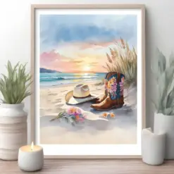 Floral Cowgirl Boot And Hat Watercolor Painting Western Style Decor Country Beach Scene Floral Cowboy Gift Satin Archival Matte Posters