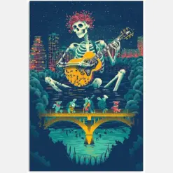 Floral Rose Crown Skeleton Skull Playing Guitar Night City Colorful Halloween Vintage