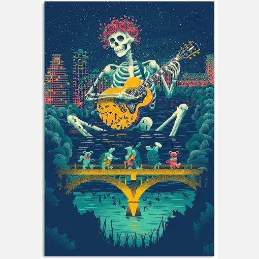 Floral Rose Crown Skeleton Skull Playing Guitar Night City Colorful Halloween Vintage