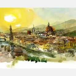 Florence Italy At Sunset - Archival Fine Art Print From An Original Watercolor Sketch