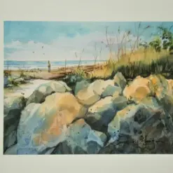 Florida Beach Scene Watercolor Print Fine Art Print Rocky Beach Ocean Painting Florida Watercolor Painting Coastal Art