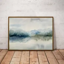 Foggy Lake Watercolor Blue Green Wall Art Panoramic Landscape Minimalist Wall Art Mountains Painting Large Abstract Nature Art Print