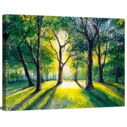 Forest Pathway In Sunlight Trees Park Nature Scenic Landscape Botanic Watercolor Drawing Wrapped Canvas Wall Art Poster Print Home Decor