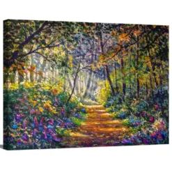 Forest Pathway In Sunrise Trees Flowers Nature Scenic Landscape Floral Botanic Oil Painting Wrapped Canvas Wall Art Poster Print Home Decor