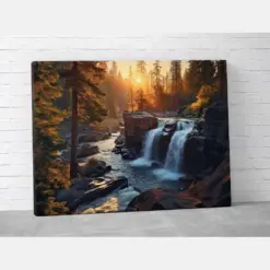 Forest Waterfall Sunset Landscape Canvas - Forest Landscape Art - Forest Sunset Decor - Nature Wall Art - Free Shipping