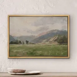 Framed Canvas Print Wall Art Green Meadow Mountain Landscape Minimalist Vintage Art Modern Farmhouse Wall Decor